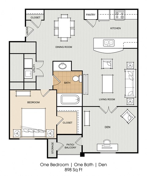Floor plan for 1 bed, 1 bath, 898 sqft